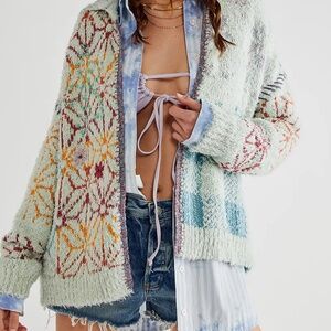 FREE PEOPLE Sz S PRAIRIE CARDI EMBROIDERED CARDIGAN SWEATER BLUE COMBO